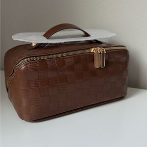 Brown Checkered PU Leather Makeup Bag | Large Capacity | New